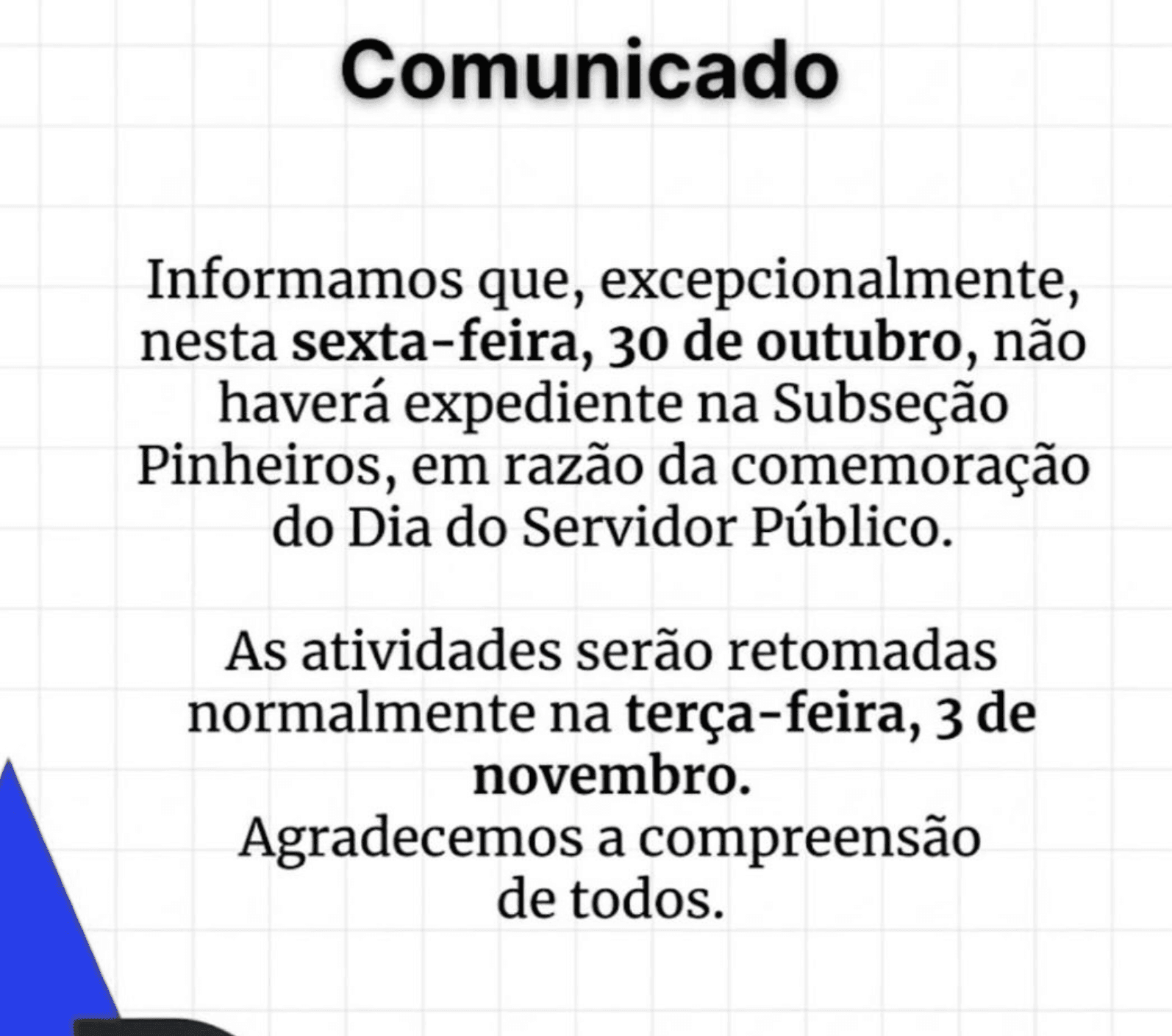 Comunicado: Feriado Dia do Servidor Público